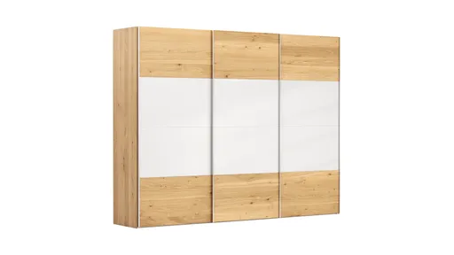 Schwebetürenschrank Colorado - B ca. 307 cm, Eichenfurnier mit Glas weiss