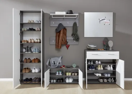Schuhschrank - Weiß Hochglanz, Grau