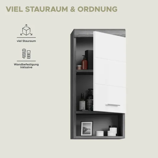 Hängeschrank - B ca. 37 cm, Rauchsilber, Weiß Hochglanz