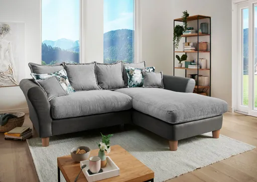 Ecksofa - 2-Sitzer, Recamiere rechts, Microfaser/Anthrazit und Chenille/Grau