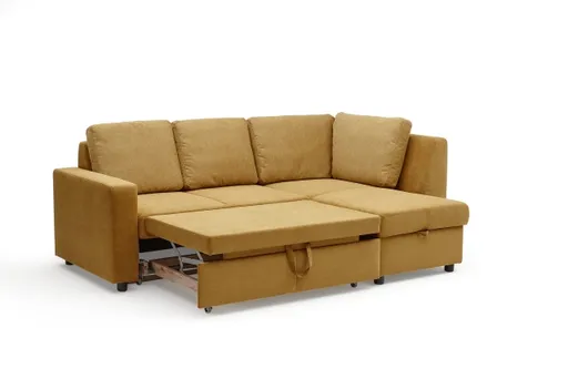 Ecksofa PRO FLEXX - 2-Sitzer, Ecke rechts inkl. Schlaffunktion und Bettkasten, Stoff, Senfgelb