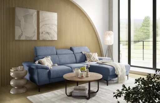 Ecksofa EZRA - 2-Sitzer, Ecke rechts inkl. Kopfteilverstellungen, Sitzvorzug, Stoff, Blau