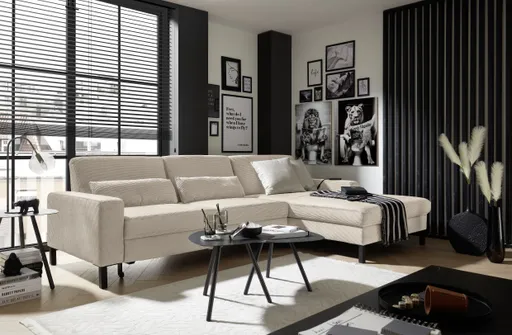  Ecksofa CALM MOVE 2.0 - 2,5-Sitzer mit Longchair rechts, Schlaffunktion, Feincord, Sand