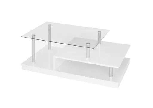 Couchtisch - LB ca. 110x60 cm, Glas, Edelstahloptik, Weiß Hochglanz