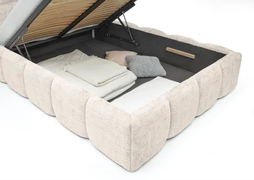 Bettgestell SANDRIN R- Liegefläche ca. 140x200 cm, Stoff, Creme, inkl Latterost und Stauraum