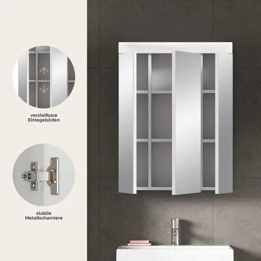 Spiegelschrank - B ca. 60 cm, Weiß, Weiß Hochglanz