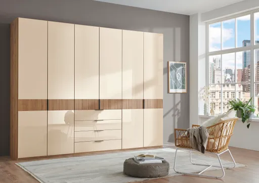 Drehtürenschrank -  B. ca. 300 cm, Rillenstruktur massiv, Glas Champagner