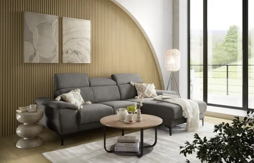 Ecksofa EZRA - 2-Sitzer, Ecke rechts inkl. Kopfteilverstellungen, Sitzvorzug, Relaxfunktion, Stoff, Braun