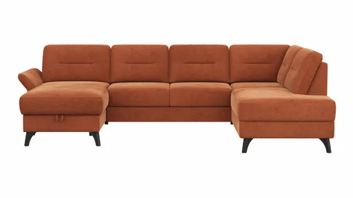 Wohnlandschaft Almyra - Longchair links inkl. Bettkasten und Armlehne klappbar, 2,5-Sitzer inkl. Vorziehsitz (motorisch), Ottomane rechts, Stoff, Kupfer