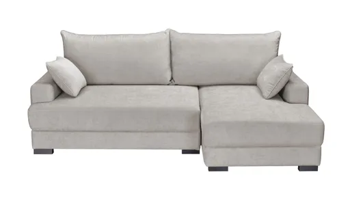 Ecksofa - 2-Sitzer mit Longchair rechts, Schlaffunktion mit Bettkasten, Stoff, Sand