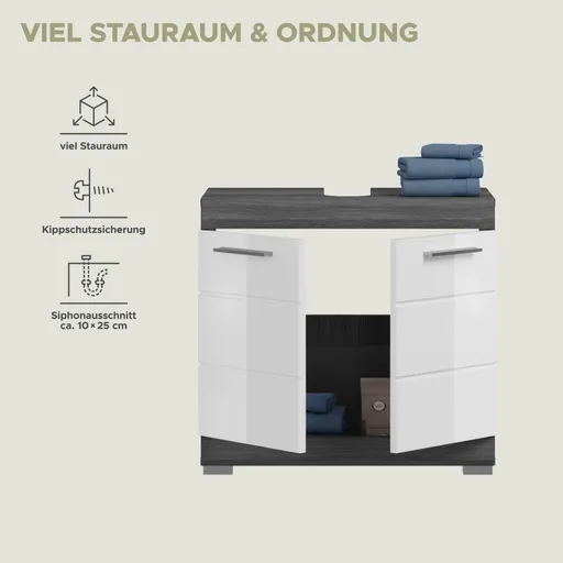 Waschbeckenunterschrank - B ca. 60 cm, Rauchsilber, Weiß Hochglanz