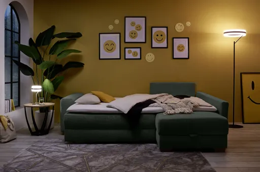 Ecksofa Jyte - 2-Sitzer mit Ecke rechts, Schlaffunktion mit Bettkasten, Stoff, Dunkelgrün