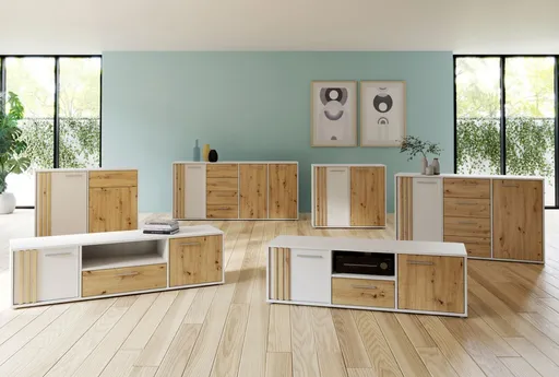 Sideboard FLORISS- Weiß, Eiche Dekor