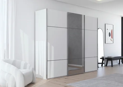 Schwebetürenschrank - B. ca. 301 cm, Alpinweiß Dekor, Mitteltür Spiegel