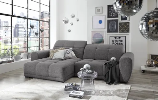 Ecksofa - Longchair links mit 2-Sitzer, Kopfteil verstellbar, Sitztiefe verstellbar motorisch, Stoff, Anthrazit