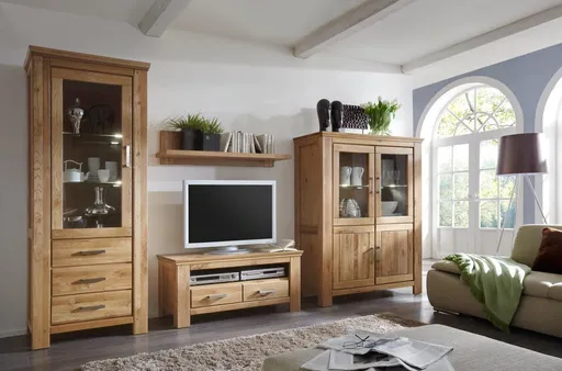 Wohnwand - mit Beleuchtung, Wildeiche teilmassiv