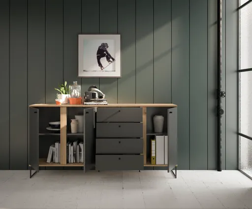 Sideboard - B ca. 180 cm, Anthrazit, Evoke Eiche Nachbildung