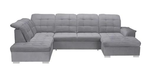 Wohnlandschaft - Ecke links, 2-Sitzer, Longchair rechts inkl. Schlaffunktion und Bettkasten, verstellbare Kopfstützen, Stoff, Grau