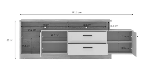 TV-Lowboard - B ca. 191,5 cm, Kaschmir, Cremona Eiche Torro Nachbildung