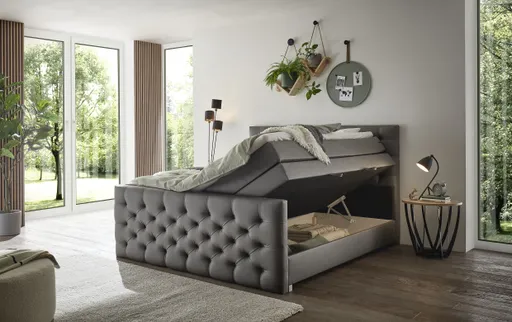 Boxspringbett SANDRIN- Liegefläche ca. 180x200 cm, Stoff, Dunkelgrau, inkl. Stauraum und Fußteil