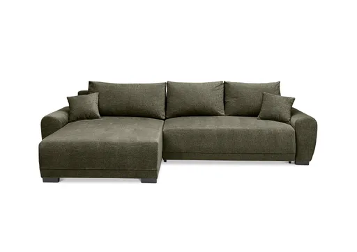 Ecksofa - Longchair links mit 2-Sitzer, Schlaffunktion mit Bettkasten, Stoff, Moos