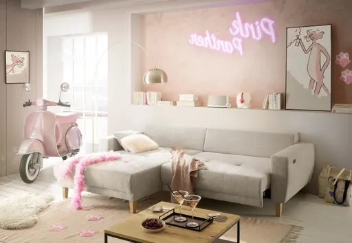 Ecksofa - Ecke links, 3-Sitzer inkl. elektrische Sitztiefenverstellung, Stoff, Graubeige