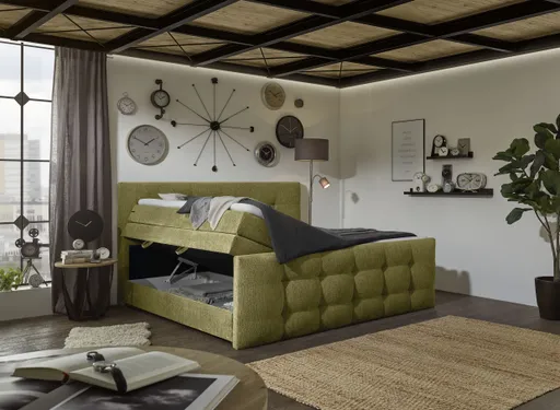 Boxspringbett SANDRIN I- Liegefläche ca. 200x200 cm, Stoff, Grün,  inkl. Stauraum und Fußteil