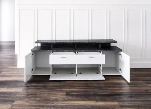 TV-Lowboard - B ca. 180 cm, Weiß, Stone dunkel Nachbildung