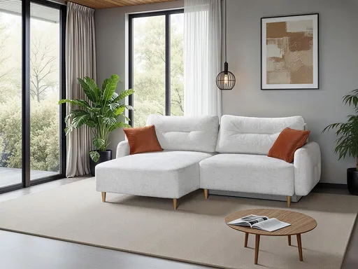 Ecksofa - Longchair links mit 1-Sitzer, Schlaffunktion mit Bettkasten, Stoff, Creme