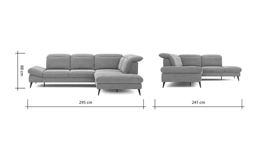 Ecksofa Alegria - 2,5-Sitzer mit Ecke rechts inkl. Schlaffunktion und Kopfteil/ Armteil/ Sitztiefe verstellbar, Stoff, Graublau