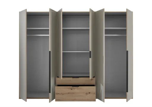 Drehtürenschrank WANJA- B ca. 270 cm, Eiche Dekor, Glas, Saharagrau