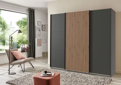 Schwebetürenschrank- B ca. 250 cm, Graphit, Eiche Dekor