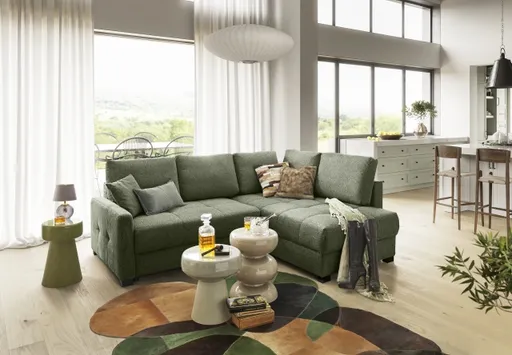 Ecksofa EDWIN - 2-Sitzer, Ecke rechts inkl. Schlaffunktion und Bettkasten, Stoff, Graugrün