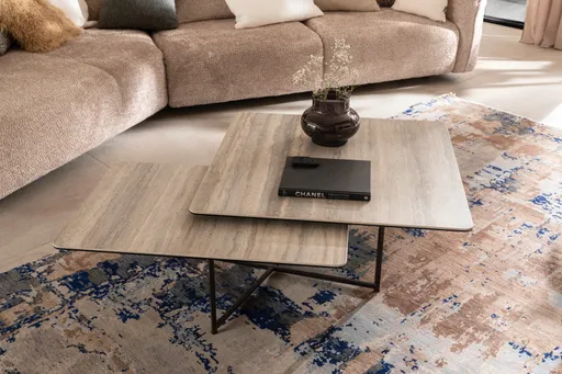 Couchtisch Cena - LB ca. 132x108 cm, Platten drehbar, Keramik, Travertin 