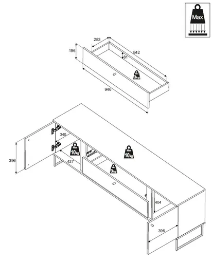 Lowboard - B ca. 180 cm, Anthrazit, Evoke Eiche Nachbildung