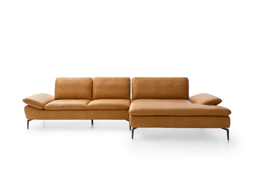 Ecksofa Montefano - 2-Sitzer mit Longchair rechts inkl. Sitztiefe verstellbar, Leder, Kurkuma