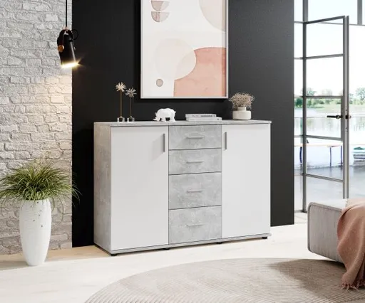 Kommode - B ca. 120 cm, Betonoptik, Weiß