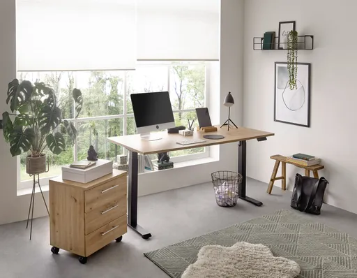 Schreibtisch - höhenverstellbar, LB ca. 137x68 cm, Eiche Dekor, Stahl, Schwarz