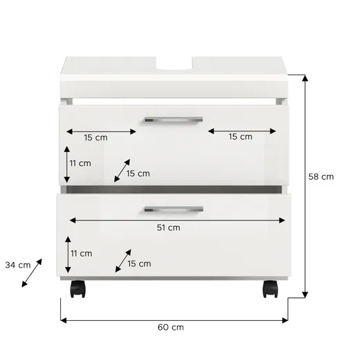 Waschbeckenunterschrank - B ca. 60 cm, Weiß, Weiß Hochglanz