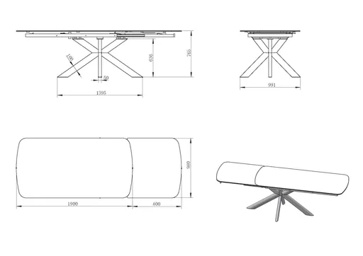 Esstisch MAXIE - ausziehbar, LB ca. 190x98 cm, Glaskeramik, Travertin farbig