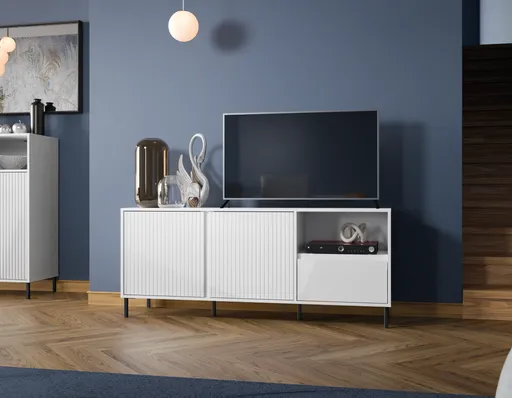 TV-Lowboard - B ca. 158 cm, Weiß, Weiß Hochglanz