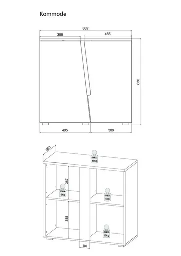 Kommode - B ca. 88 cm, Weiß, Weiß Hochglanz, Anthrazit