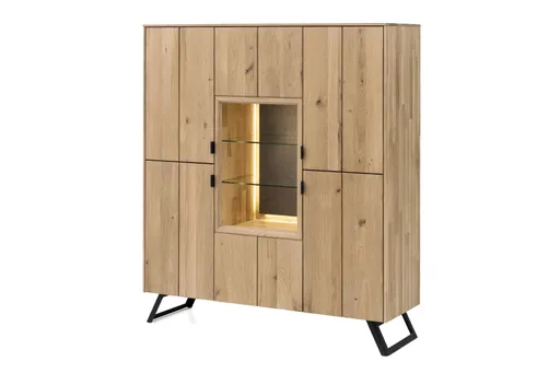 Highboard - mit Beleuchtung, Wildeiche Bianco Massiv, Steinrückwand