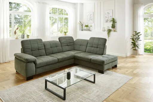 Ecksofa - 3-Sitzer mit Ecke rechts, Kopfteil verstellbar, Stoff, Moos