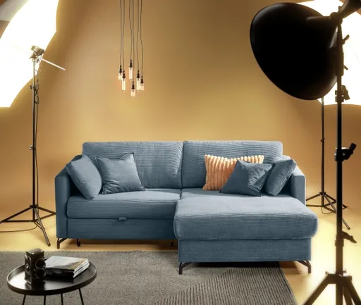 Ecksofa - 1,5-Sitzer, Ecke rechts inkl. Schlaffunktion und Bettkasten, Stoff, Hellblau