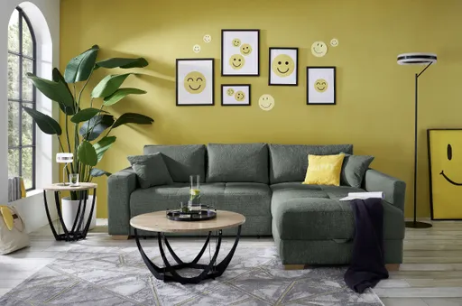 Ecksofa Jyte - 2-Sitzer mit Ecke rechts, Schlaffunktion mit Bettkasten, Stoff, Dunkelgrün