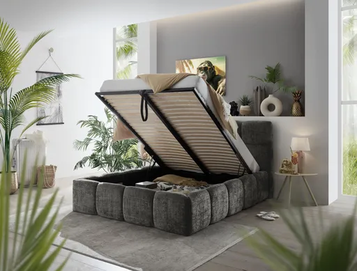 Bettgestell SANDRIN R- Liegefläche ca. 140x200 cm, Stoff, Grau, inkl Latterost und Stauraum