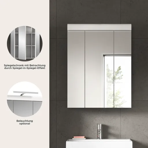 Spiegelschrank - B ca. 60 cm, Weiß, Weiß Hochglanz