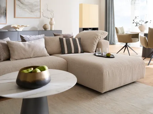 Ecksofa Caruso - Ecke links, 2-Sitzer, Longchair rechts, Stoff, Ecru