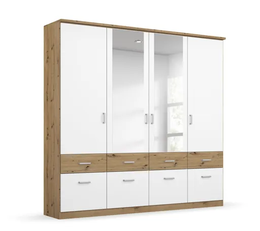 Drehtürenschrank ROYAN- B ca. 181 cm, Eiche Dekor, Weiß, Spiegel
